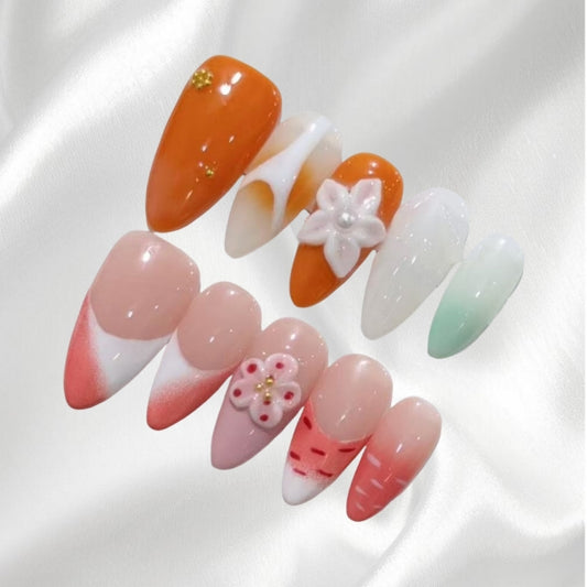 Sweet Color-clashing Flower Almond Shaped Press-on Nails