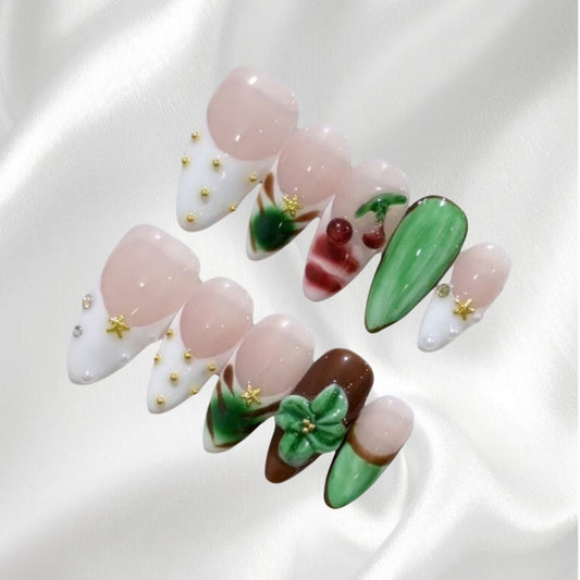 Sweet Cherry and Floral Almond Shaped Press-on Nails