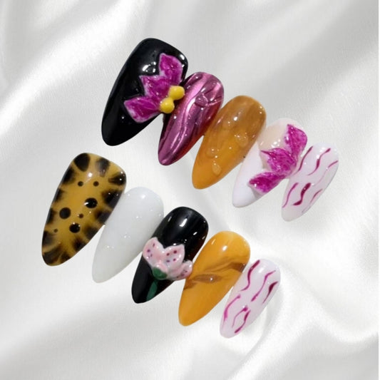 Bohemian Style Mixed Color 3D Floral Almond Shaped Press-on Nails