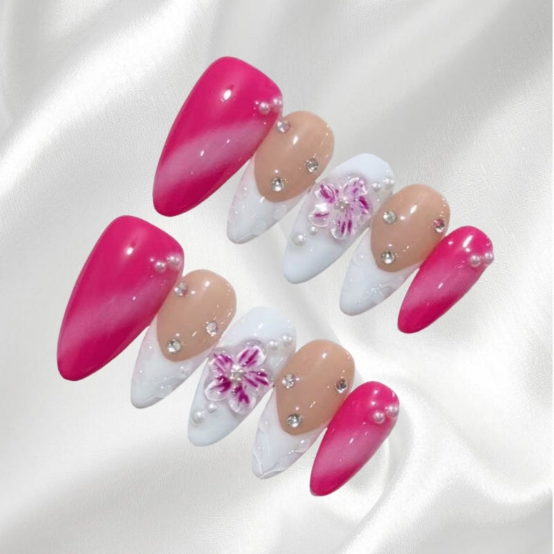 Sweet Pink 3D Floral and Diamond Decor Almond Shaped Press-on Nails