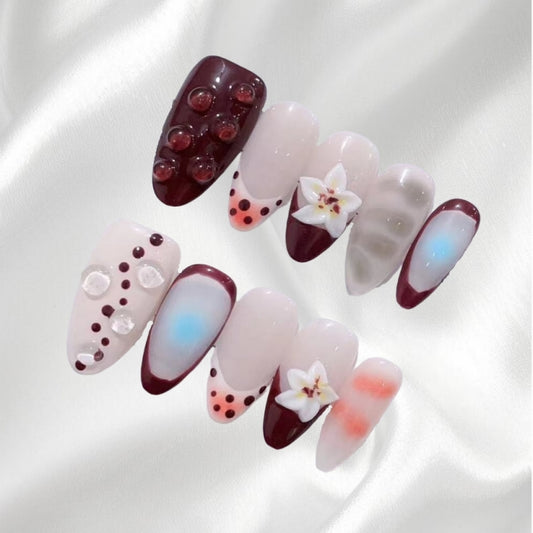 Artistic Mixed-color 3D Floral and Dot Decor Almond Shaped Press-on Nails