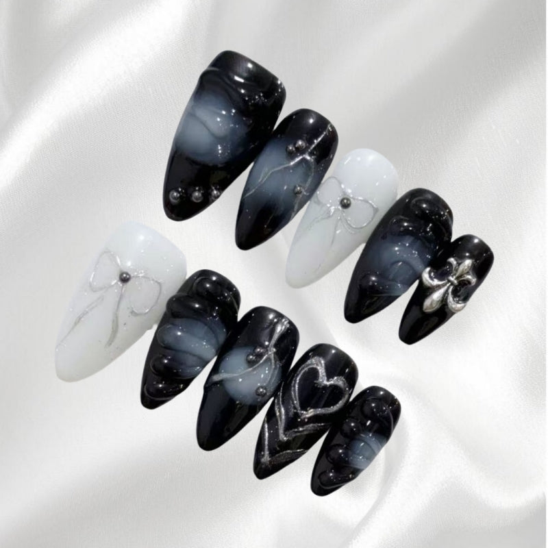 Dark Style Black and White Gradient Pearl Heart Almond Shaped Press-on Nails