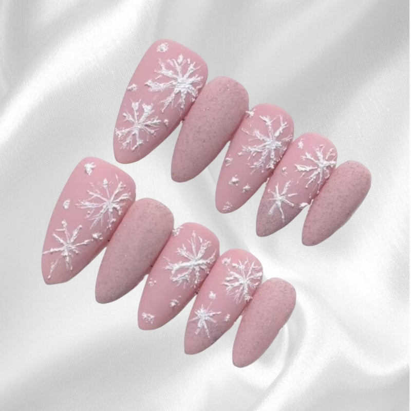 3D Snowflake Patterns Pink Matte Almond Shaped Press-on Nails