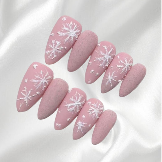 3D Snowflake Patterns Pink Matte Almond Shaped Press-on Nails