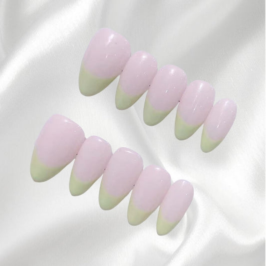 Fresh Light Green and Light Pink French Style Almond Shaped Press-on Nails
