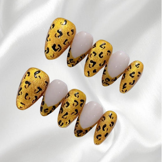 Glamorous Gold Leopard Print and Nude French Almond Press-on Nails