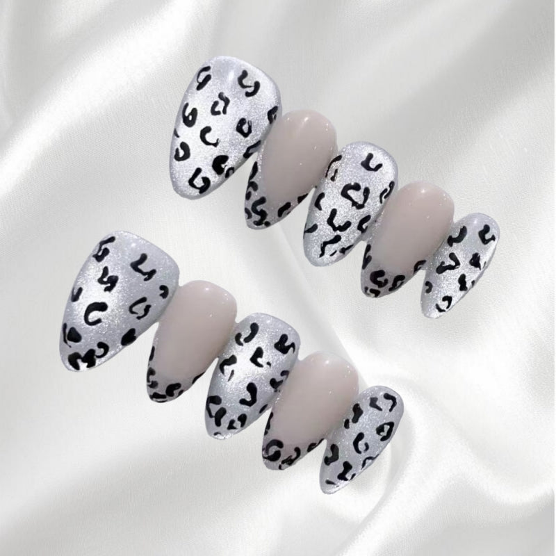 Chic Silver Leopard Print and Nude French Almond Press-on Nails
