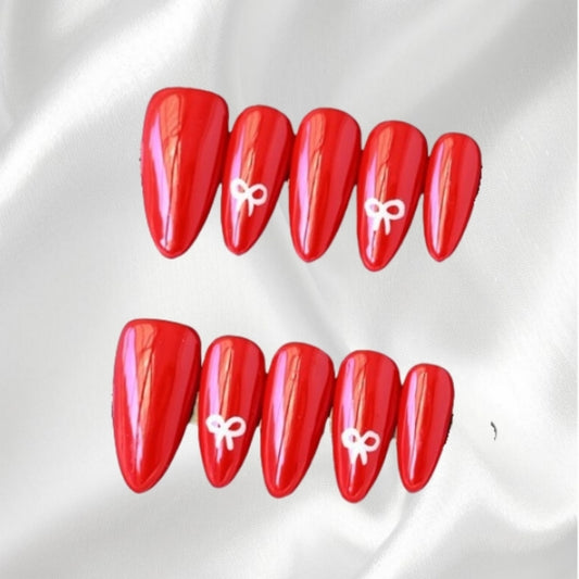 Red Solid Color Almond Shape Press-on Nails with White Bow Accents