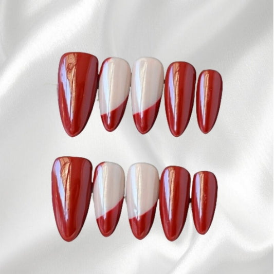 Red and Nude Color Block Almond Press-on Nails