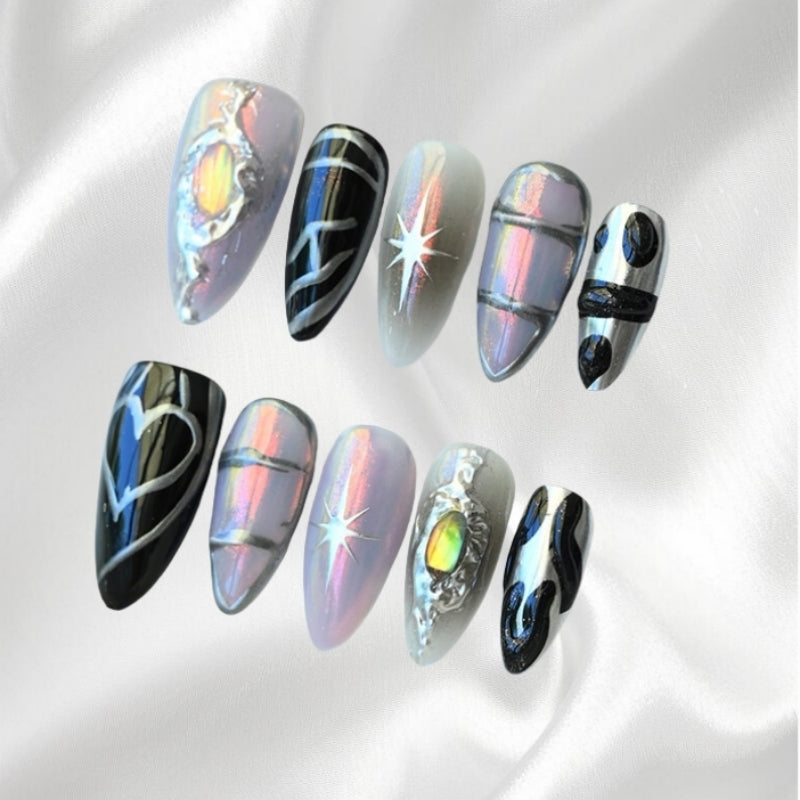 Cyberpunk Holographic Press-on Nails with Heart and Geometric Details