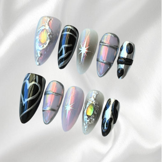 Cyberpunk Holographic Press-on Nails with Heart and Geometric Details