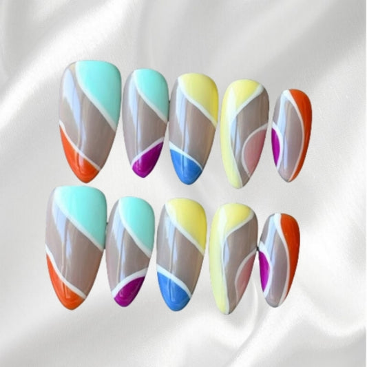 Retro Color Block Geometric Design Almond Shape Press-on Nails