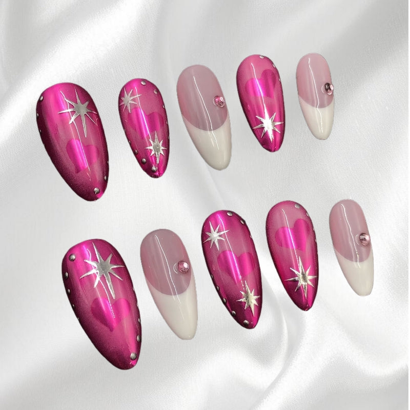 Pink Holographic Heart Star Rhinestone Almond Press-on Nails