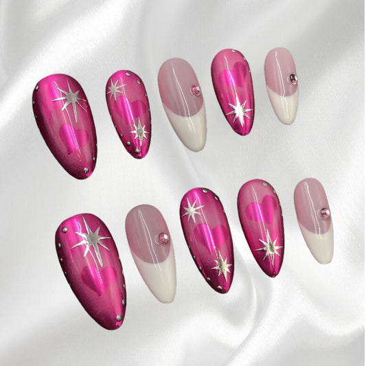 Pink Holographic Heart Star Rhinestone Almond Press-on Nails
