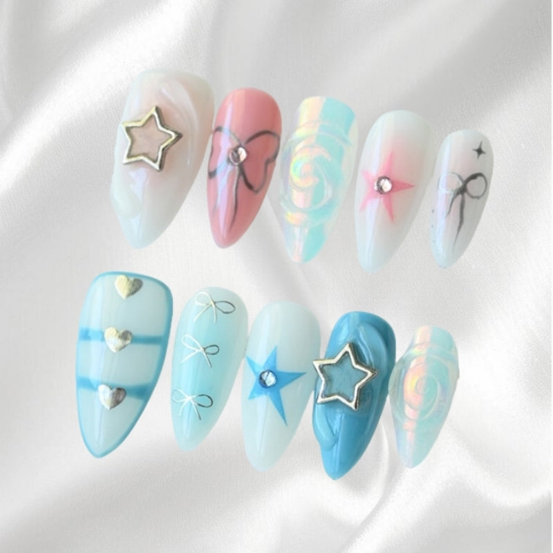 Pastel Colors Kawaii Style Star Heart Bow Almond Press-on Nails