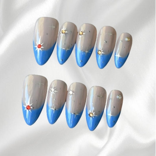 French Style Star Rhinestone Blue Almond Shaped Press-on Nails