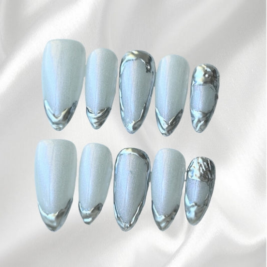 Silver Chrome Accent White Shimmer Almond Shaped Press-on Nails
