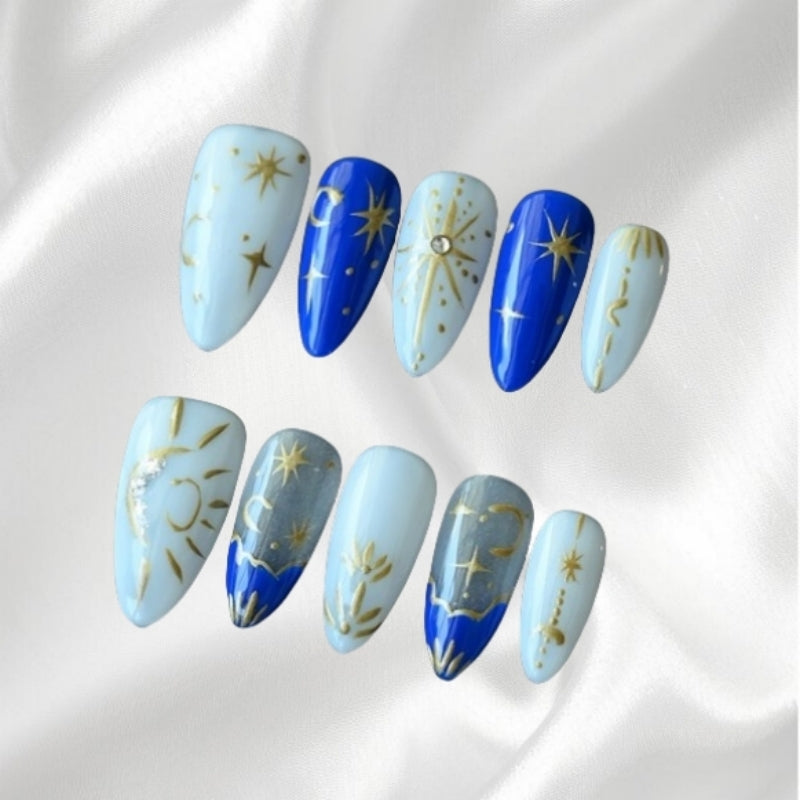 Blue and White Almond Shaped Press-on Nails with Golden Star and Sun Patterns
