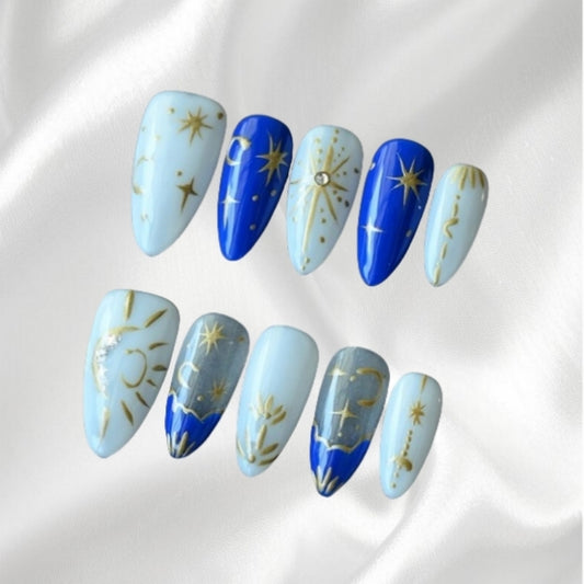 Blue and White Almond Shaped Press-on Nails with Golden Star and Sun Patterns