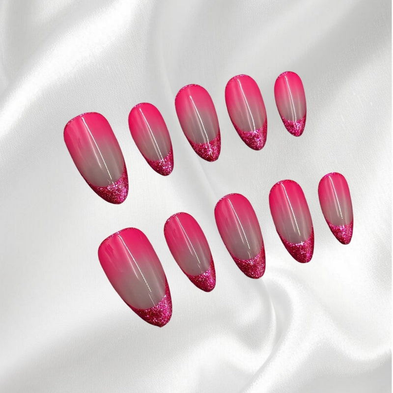French Style Pink Ombre Glitter-tipped Almond Shaped Press-on Nails