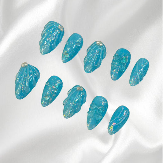 Blue Shell Shaped 3D Glitter Press-on Nails with Pearl Accents