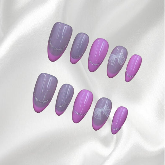 French Pink Almond Shaped Press-on Nails with Silver Lines and Bows