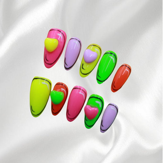 Colorful 3D Heart Decor Reusable Almond Press-on Nails
