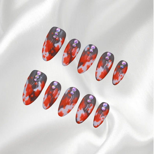 Red and Gray Marble Pattern Press-on Nails with Rhinestones