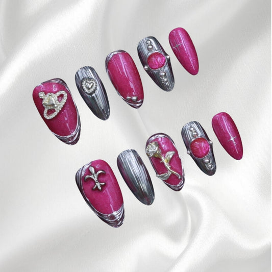 Crown Rose and Heart Decorations Fluorescent Pink and Silver Almond Press-on Nails
