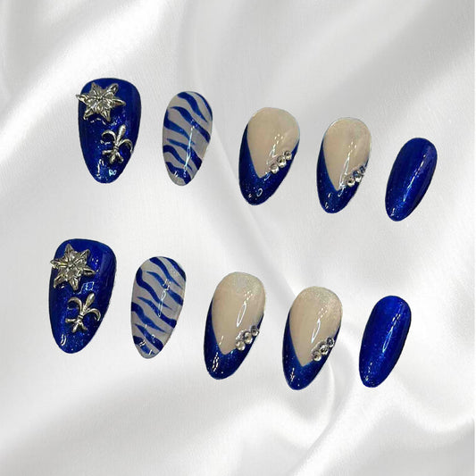Silver Decor Zebra Stripes Royal Blue Almond Press-on Nails