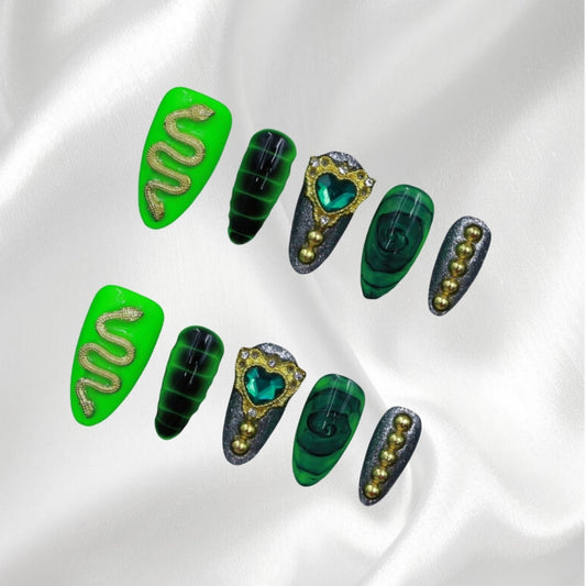 Green Gothic Snake Heart Gem and Gold Accents Press-on Nails