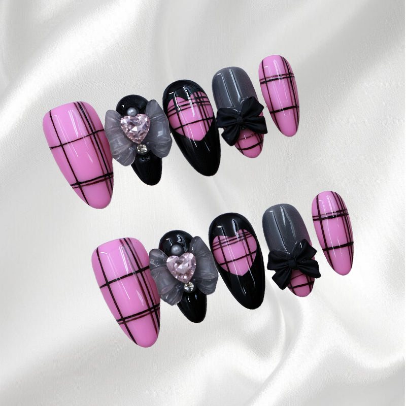 Pink and Black Plaid Wearable Nails with Bow and Heart Gem Decor