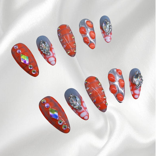 Orange and White Pattern Lasting Fake Nails with Rhinestones
