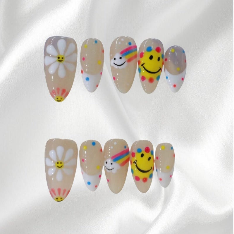 Trendy Look Funky Smiley and Daisy Rainbow Press-on Nails
