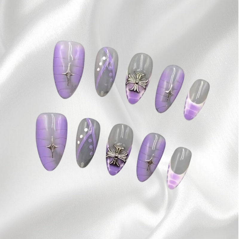 Enigmatic Gothic Purple Almond Press-on Nails with Silver Cross and Star Accents