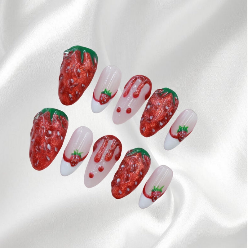 Juicy Strawberry Almond Press-on Nails with Glittery Dripping Effect