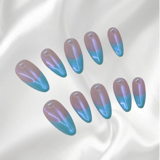French Style Minimalist Blue Almond Press-on Nails with Pearls
