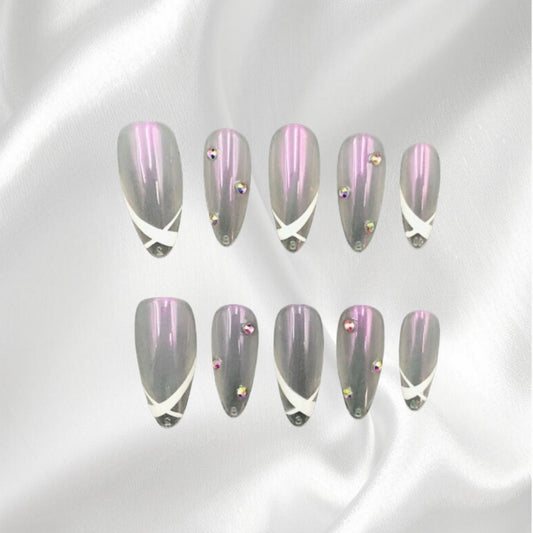 Glam Gray Almond Press-on Nails with White X Accents and Rhinestones