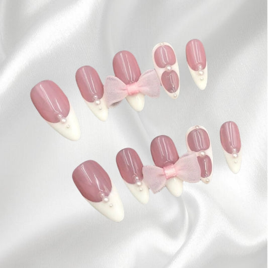 Sweet Pink Bowknot and Pearl Accent Almond Press-on Nails