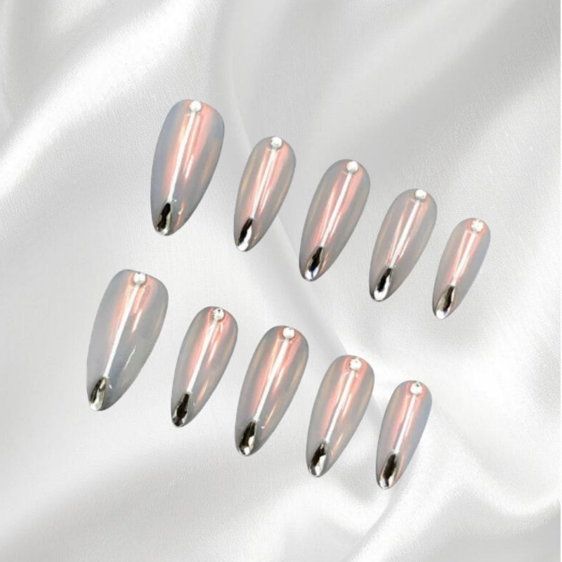 Chrome Mirror Almond Press-on Nails with Crystal Accents