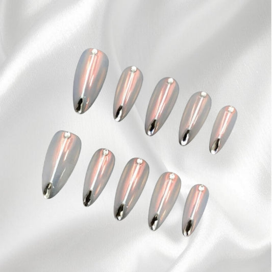 Chrome Mirror Almond Press-on Nails with Crystal Accents