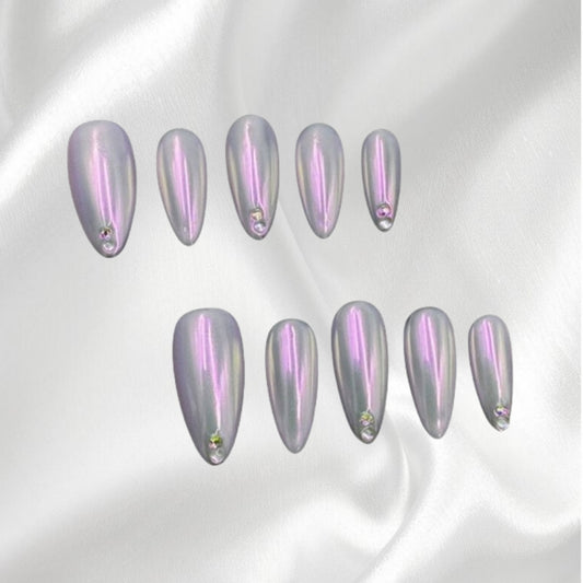 Holographic Silver Chrome Press-on Nails with Rhinestone Accents