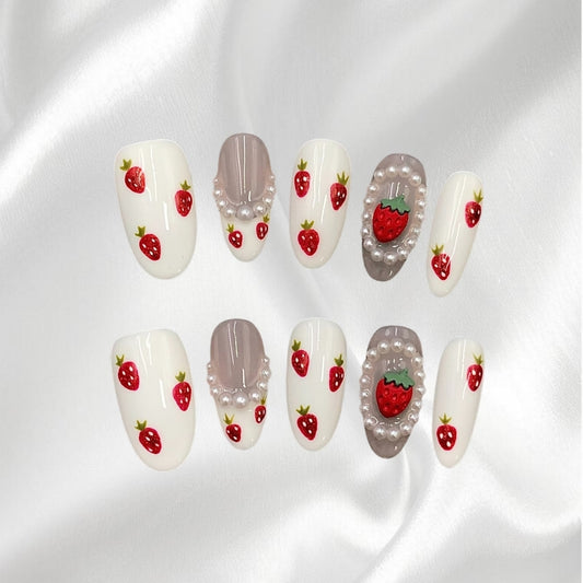 Sweet Strawberry and Pearl Decor Almond Shape Press-on Nails