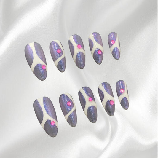 Holographic Press-on Nails with White Line and Pink Rhinestone Accents