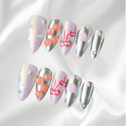 Kawaii Holographic Press-on Nails with Bow, Pearl & Heart Accents