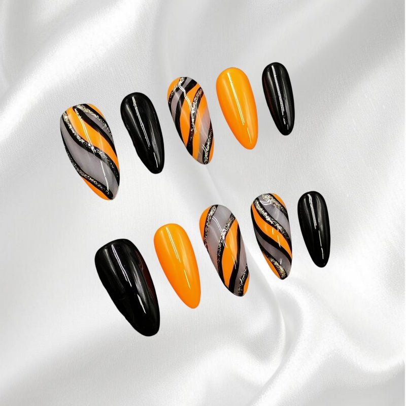 Halloween-Style Orange Black Swirl Glitter Almond Press-on Nails