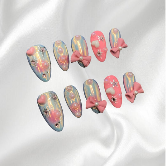Kawaii 3D Pink Bow and Heart Rhinestone Wearable Nails