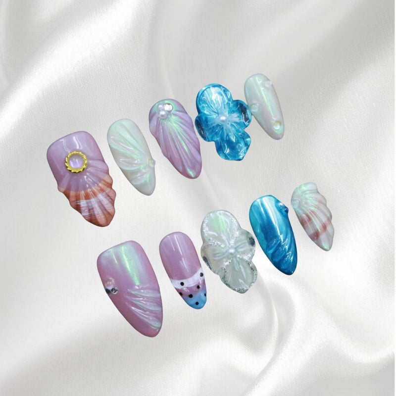 Ocean Style Shell and Flower Rhinestone Wearable Nails