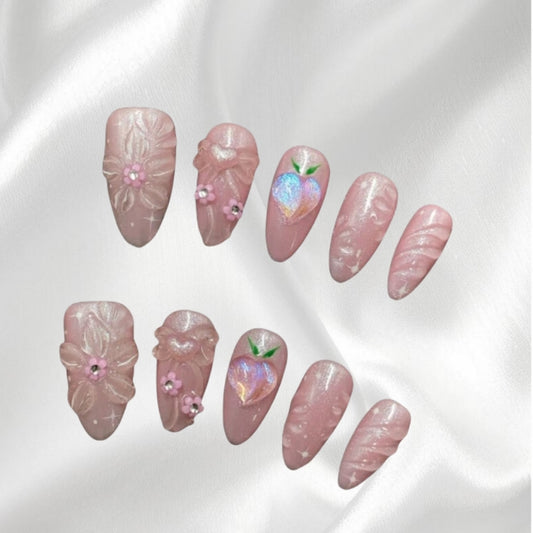 Sweet Kawaii Pink 3D Floral and Peach Rhinestone Wearable Nails