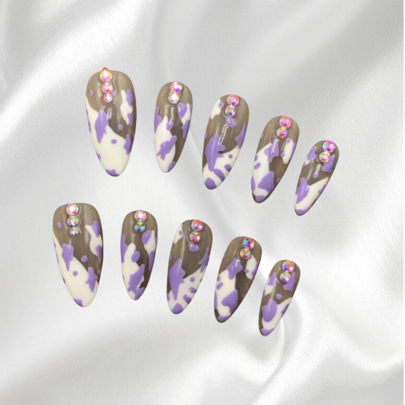 Trendy Animal Print Purple Cow Print Rhinestone Wearable Nails
